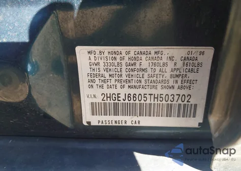 1996 Honda Civic Lx/Ex из США, поврежденный, VIN 2HGEJ6605TH503702